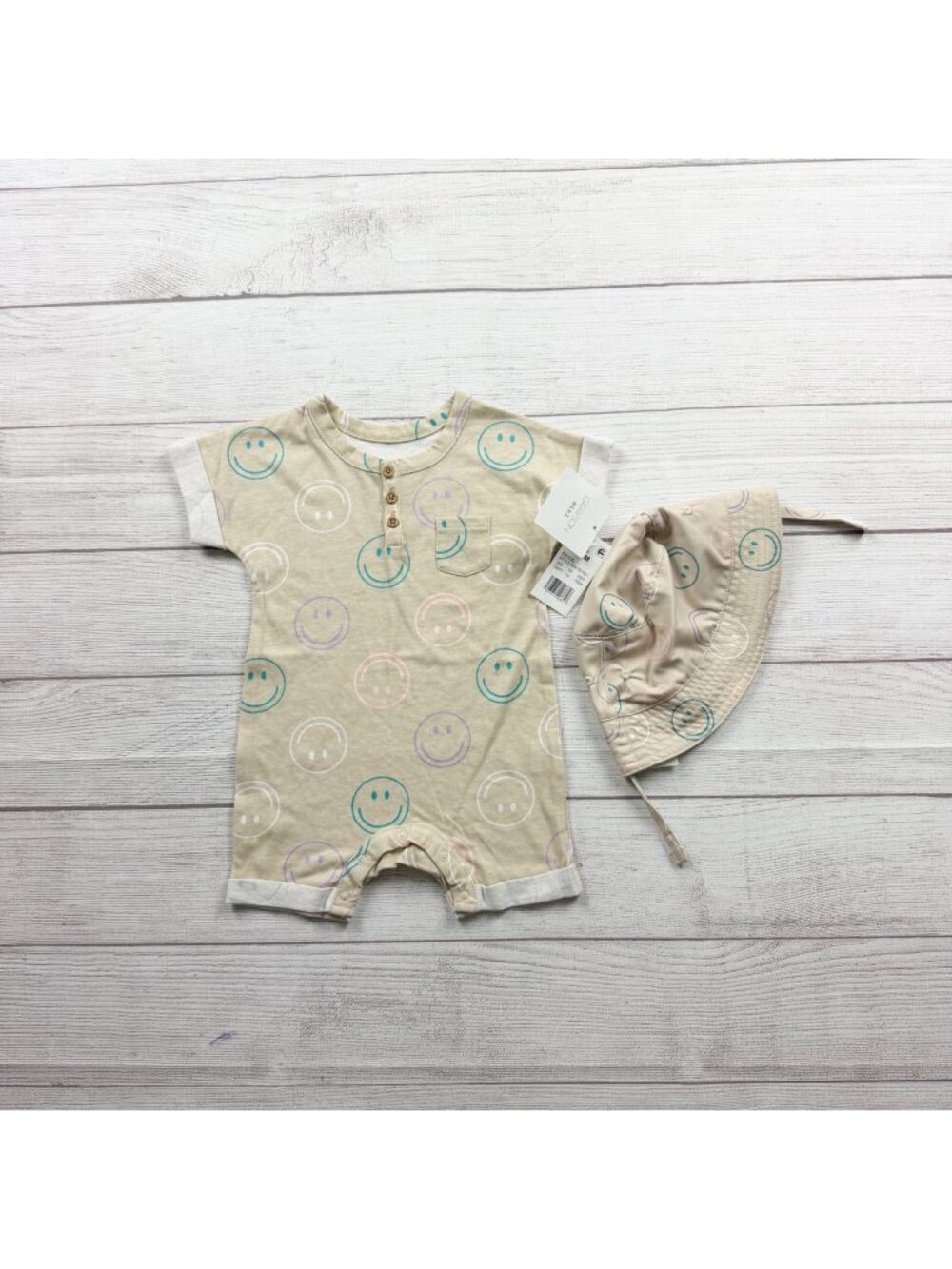 Grayson Mini Baby Romper Hat Smiley Face Print Beige Set Outfit NWT 3-6 Months